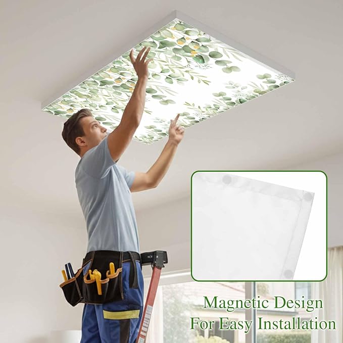 Fluorescent Light Covers for Ceiling Lights Sage Green Eucalyptus Leaves Magnetic Light Filters 4 Pack 4x2 ft Nature Leaf Plant Ceiling Lights Cover for Classroom Office School Home Drop Lamp Decor