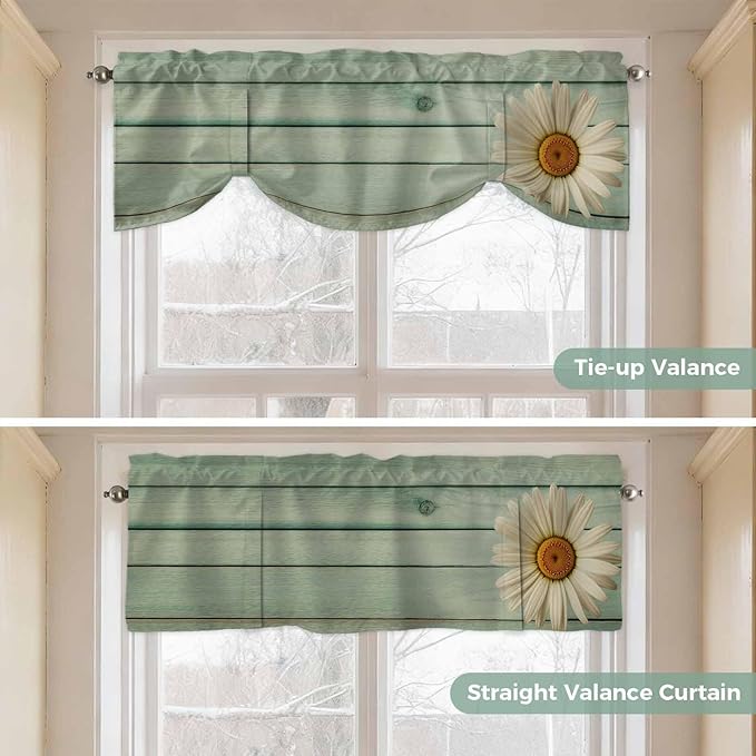 Daisy Flower Tie Up Valance Curtains for Windows, Kitchen Curtains Window Shades, Modern Art Floral Farmhouse Teal Wooden Grain Light Filtering Roman Curtain Valances for Bedroom/Bathroom/Cafe 54"x18"