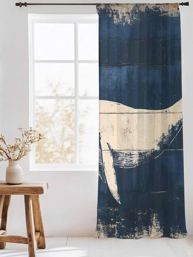 Sheer Curtains 84 Inches Long, Ocean Whale Blue Semi Sheer Curtains Light Filtering Window Treatment, Summer Coastal Vintage Wood Grain Privacy Voile Drapes for Living Room Bedroom 52x84 Inch
