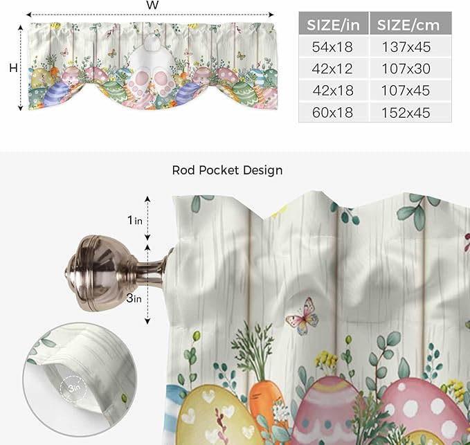 Easter Tie Up Valance Curtains for Windows, Kitchen Curtains Window Shades, Spring Rabbit Ears Foot Colorful Eggs Leaf Floral Light Filtering Roman Curtain Valances for Bedroom/Bathroom/Cafe 42"x18"