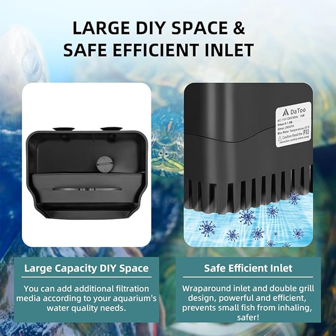 Turtle Tank Filter Internal Power Aquarium Filter Low Water Level Biofiltration 290GPH Large Fish Tank Filter for 30 to 55 Gallon Aquarium Turtle Shrimp Frog