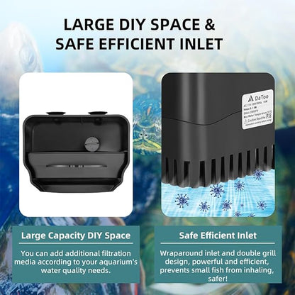 Turtle Tank Filter Internal Power Aquarium Filter Low Water Level Biofiltration 290GPH Large Fish Tank Filter for 30 to 55 Gallon Aquarium Turtle Shrimp Frog