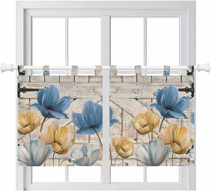 Blue Yellow Tulips Kitchen Curtains 36 Inch Length, Small Window Curtains Tab Top, Retro Farmhouse Flower Barn Doors Wooden Light Filtering Short Window Treatments Tier Drapes 27.5"x36" 2 Panel