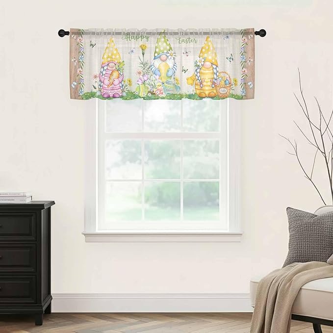 Easter Sheer Valances for Windows 42"x12", Light Filtering Kitchen Curtains Valance, Rustic Gnomes Duck Floral Colorful Eggs Wooden Grain Rod Pocket Chiffon Curtains for Living Room Bedroom Cafe