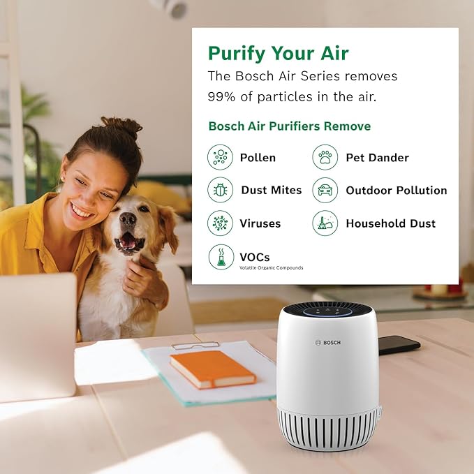 BOSCH Air Purifier for Home, Small Spaces (Covers, 500-sq ft), 2-in-1 Filter for Pollen, Smoke, Dust, Dander, Outdoor Pollution, Odors, HEPA, Air 500, White