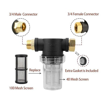 Sooprinse Garden Hose Inlet Filter for High Pressure Washer, Sediment Filter Attachment, 40 Mesh Screen, Extra 2 Pcs 100 Mesh, 3PCS O-Ring and 4PCS Filter Hose Washer