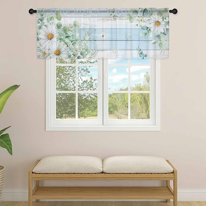Daisy Eucalyptus Leaves Sheer Valance Curtains, Blue Wood Grain Spring Countryside Light Filtering Kitchen Valances Rod Pocket Voile Curtain Window Treatment for Bedroom/Living Room/Basement 54Wx18L