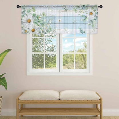 Daisy Eucalyptus Leaves Sheer Valance Curtains, Blue Wood Grain Spring Countryside Light Filtering Kitchen Valances Rod Pocket Voile Curtain Window Treatment for Bedroom/Living Room/Basement 54Wx18L