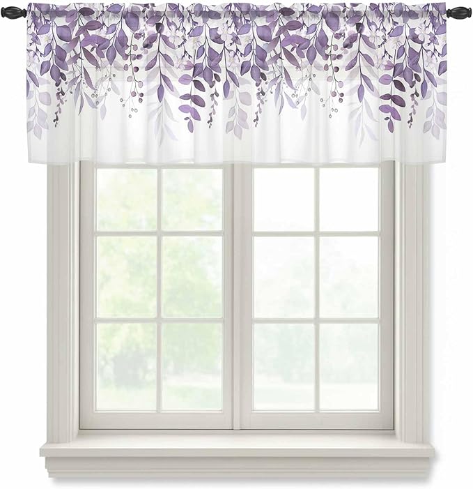 Eucalyptus Leaves Sheer Valance Curtains, Purple Leaves Idyllic Winds Farmhouses Light Filtering Kitchen Valances Rod Pocket Voile Curtain Window Treatment for Bedroom/Living Room/Basement 42Wx12L