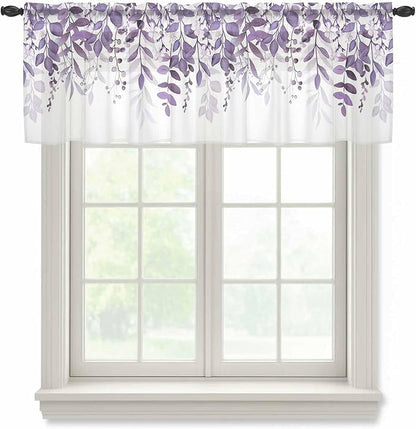 Eucalyptus Leaves Sheer Valance Curtains, Purple Leaves Idyllic Winds Farmhouses Light Filtering Kitchen Valances Rod Pocket Voile Curtain Window Treatment for Bedroom/Living Room/Basement 60Wx18L