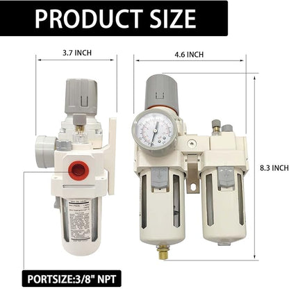 YSIL 3/8" NPT Compressed Air Filter Regulator Lubricator Two Units Combo Air Pressure Regulator with Gauge(0-150PSI) Water/Oil Trap Separator,Semi-Auto Drain,Poly Bowl with Metal Guard,Bracket