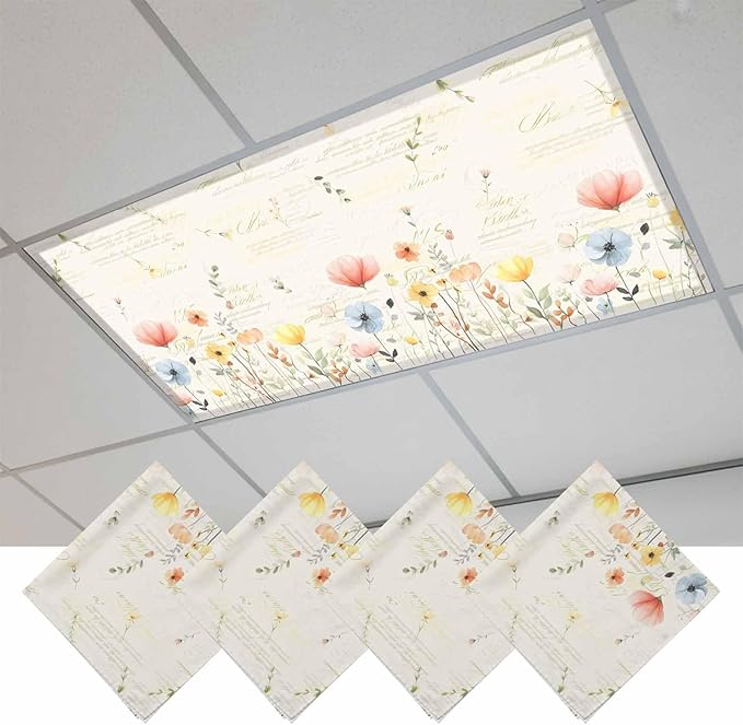 Fluorescent Light Covers for Ceiling Lights Spring Poppy Floral Magnetic Light Filters 4 Pack 4x2 ft Wildflower Vintage Ceiling Lights Cover for Classroom Office School Home Drop Lamp Decor