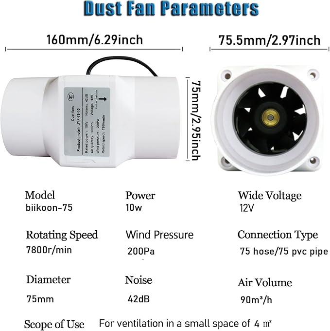 3Inch Inline Duct Fan 10W Air Extractor Booster 12V Air Diffuser Circulation Blower 53 Cfm Intake Ventilation Fan for Ducting, Vents, Grow Tents (Color : NO Adjustable Speed)