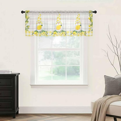 Lemon Dwarfs Sheer Valance Curtains, Gnome Green Leaf Wood Striped Yellow Plaid Light Filtering Kitchen Valances Rod Pocket Voile Curtain Window Treatment for Bedroom/Living Room/Basement 54Wx18L