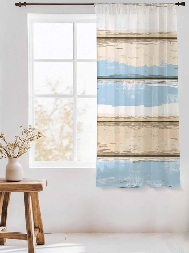 Sheer Curtains 72 Inches Long, Vintage Geometric Blue Semi Sheer Curtains Light Filtering Window Treatment, Abstract Country Shabby Wood Grain Privacy Voile Drapes for Living Room Bedroom 52x72 Inch