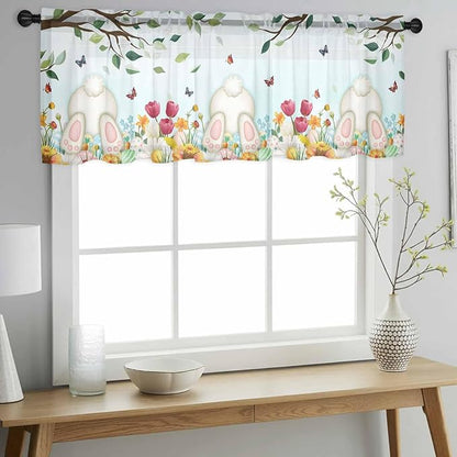 Easter Sheer Valances for Windows 42"x12", Light Filtering Kitchen Curtains Valance, Spring Watercolor Eggs Country Tulip Flower Plant Rod Pocket Chiffon Curtains for Living Room Bedroom Cafe