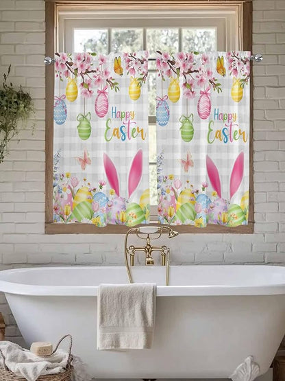 Happy Easter Kitchen Curtains 54 Inches length, Spring Watercolor Bunny Eggs Flower Grey Plaid Window Treatment Curtain Drapes, Thermal Insulated Drapes for Basement Hotel RV, 42"x54", 2 Panels