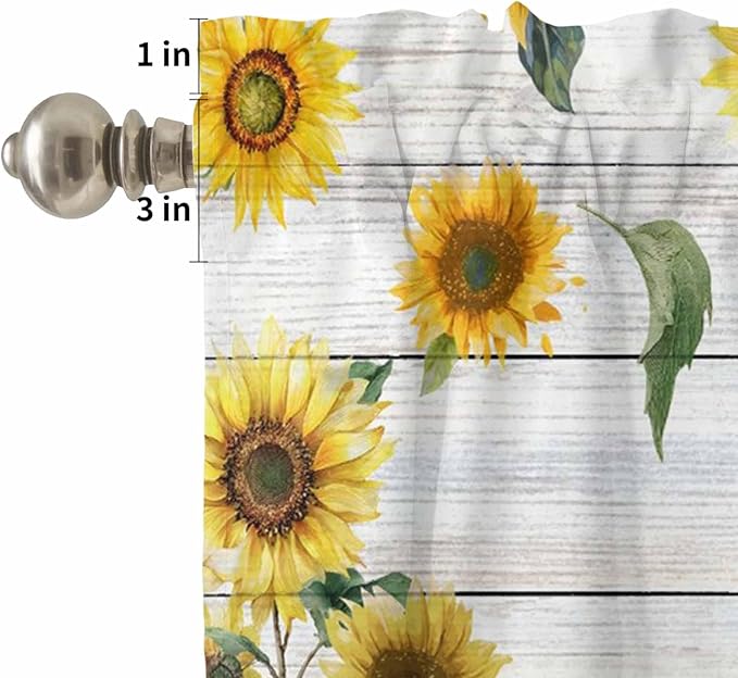 Kitchen Curtains Tiers and Valance Set of 3, Cow Sunflowers Light Filtering Window Curtain Set, Farmhouse Animals Plants Wooden Grain Rod Pocket Curtain Drapes for Cafe, Living Room, 24 Inches Tiers