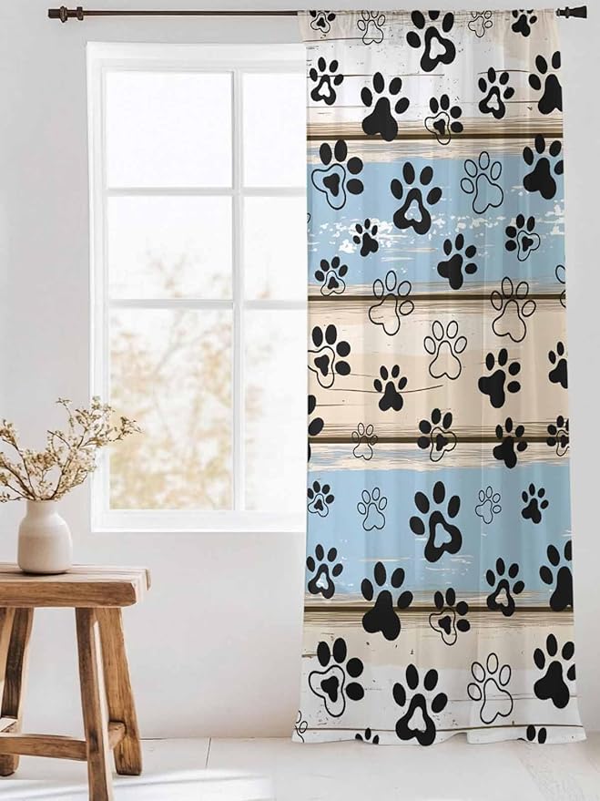 Sheer Curtains 84 Inches Long, Blue Beige Paw Print Semi Sheer Curtains Light Filtering Window Treatment, Vintage Farmhouse Rustic Wooden Grain Privacy Voile Drapes for Living Room Bedroom 52x84 Inch
