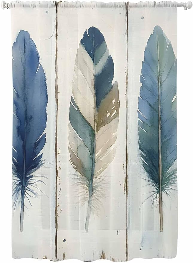 Sheer Curtains 63 Inch Length, Boho Blue Feathers Semi Sheer Curtains Light Filtering Window Treatment, Farmhouse Vintage Wooden Grain Privacy Voile Drapes for Living Room Bedroom 52x63 Inch