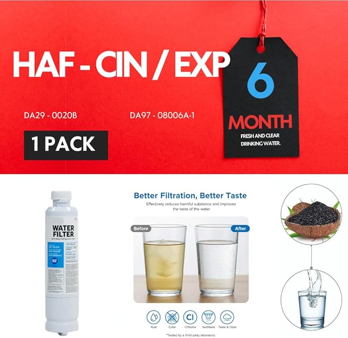 Samsung® HAF-CIN/EXP DA29 Water Filter Replacement – Compatible with DA29-00020B – Carbon Block 99% Contaminant Reduction – Fresh Water & Ice – 6 Month Life 1 PACK