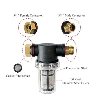 Water Pump Filter 100 Mesh Filter 3/4 Inch Interface Equipped with 2 Pieces 100 Mesh Stainless Steel Filters, Suitable for Water Pumps, Pressure Cleaners, RVs, Ships, and Gardens