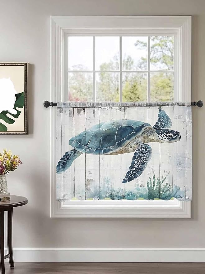 Sheer Curtains 45 Inch Length, Sea Turtle Teal Blue Semi Sheer Curtains Light Filtering Window Treatment, Summer Coastal Ocean Wood Grain Privacy Voile Drapes for Living Room Bedroom 52x45 Inch