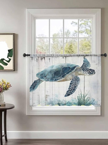 Sheer Curtains 45 Inch Length, Sea Turtle Teal Blue Semi Sheer Curtains Light Filtering Window Treatment, Summer Coastal Ocean Wood Grain Privacy Voile Drapes for Living Room Bedroom 52x45 Inch