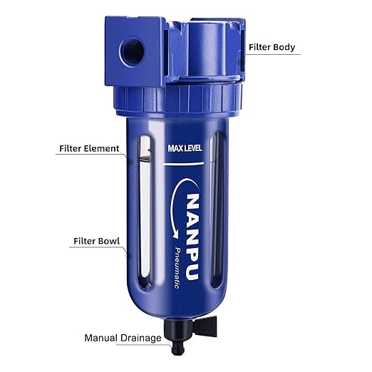 NANPU 1/2" NPT Compressed Air Filter, Zinc Alloy, 5 Micron Brass Element, Quick Release Bowl, Manual Drain, for Air Compressor ＆ Pneumatic Tools