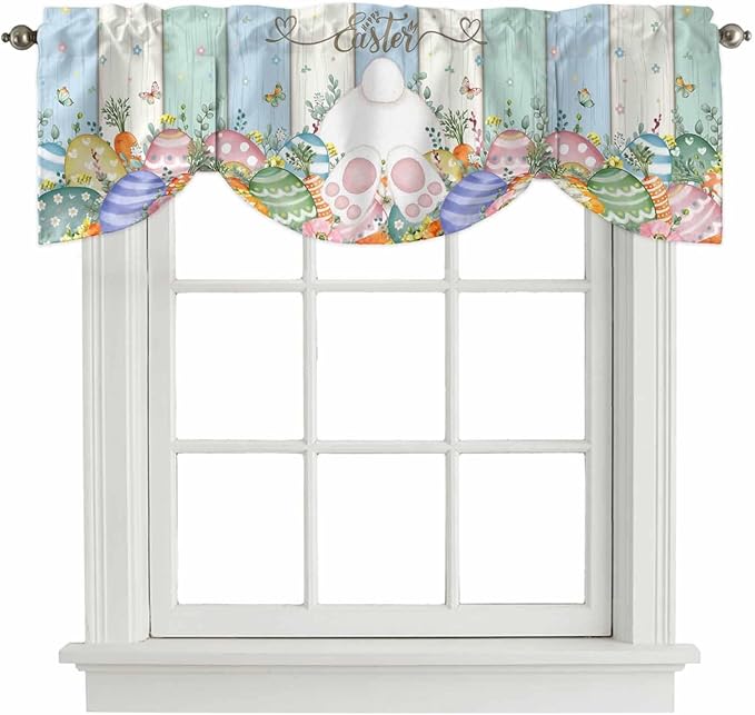 Easter Tie Up Valance Curtains for Windows, Kitchen Curtains Window Shades, Spring Rabbit Ears Foot Flowers Eggs Green Wooden Light Filtering Roman Curtain Valances for Bedroom/Bathroom/Cafe 54"x18"