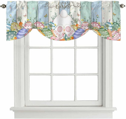 Easter Tie Up Valance Curtains for Windows, Kitchen Curtains Window Shades, Spring Rabbit Ears Foot Flowers Eggs Green Wooden Light Filtering Roman Curtain Valances for Bedroom/Bathroom/Cafe 54"x18"