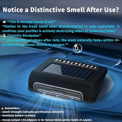 Solar Air Purifier for Car, 2-in-1 USB & Solar Charging, Ozone Ionizer Eliminates Smoke, Pet Odors, VOCs, Filter-Free, Portable for Home Office Travel