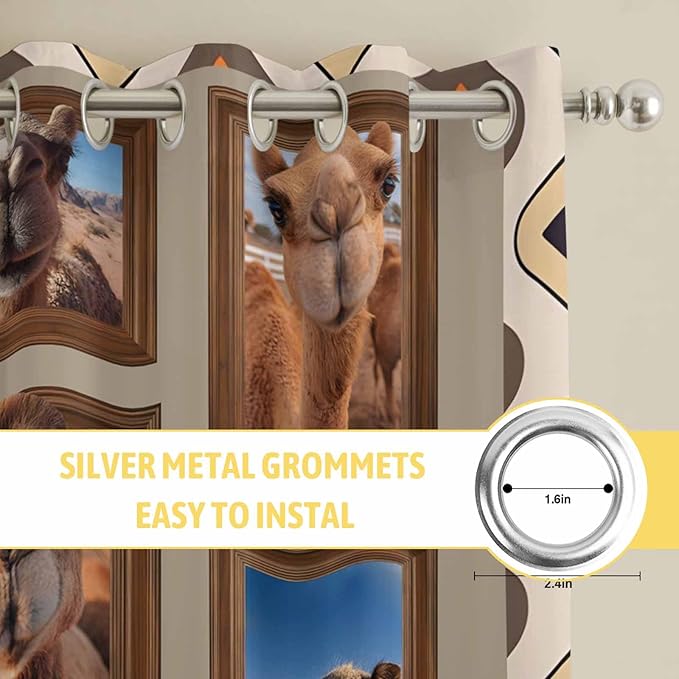 2 Panel Kitchen Cafe Curtains, Desert Camels Sunlight Filtering Nature Air Through, Home Decor Window Covering Tier Curtains for Living Room 104W x 52L inch Western Wildlife Brown Animals Country