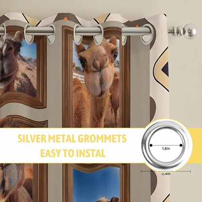 2 Panel Kitchen Cafe Curtains, Desert Camels Sunlight Filtering Nature Air Through, Home Decor Window Covering Tier Curtains for Living Room 104W x 52L inch Western Wildlife Brown Animals Country