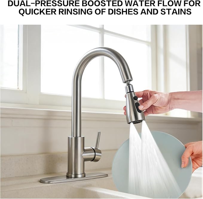 Kitchen Sink Faucet with Pull - Down Sprayer, 2 - Handle 3 - in - 1 Kitchen Sink Filter Faucet, Cold and Hot Mixer Drinking Water Faucet (Classic, Brushed Nickel-3)