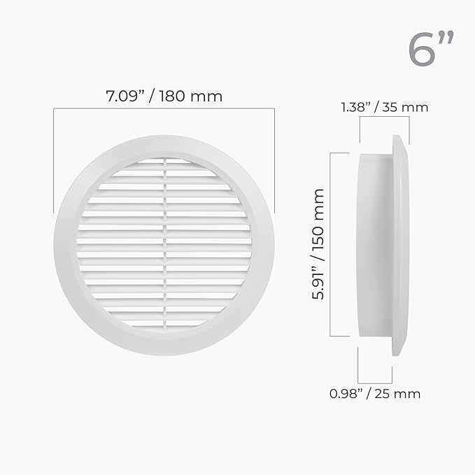 6" Inch (Opening) White Round Air Vent Cover - 5 Pack - Plastic Fresh Air Intake Vent - Modern Soffit Vents - AC Cover with Nylon Mesh Screen - Wall, Ceiling HVAC Return Air Register