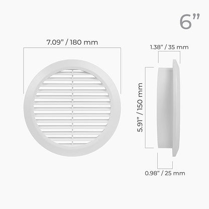 6" Inch (Opening) White Round Air Vent Cover - 5 Pack - Plastic Fresh Air Intake Vent - Modern Soffit Vents - AC Cover with Nylon Mesh Screen - Wall, Ceiling HVAC Return Air Register