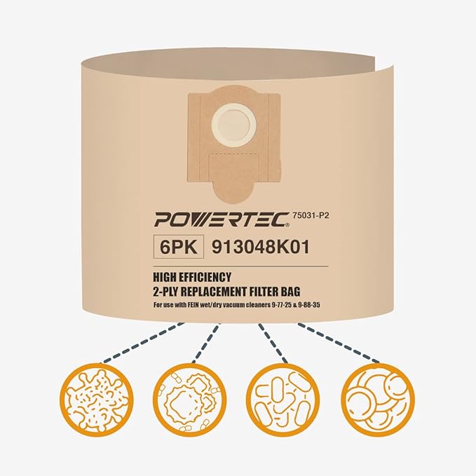 POWERTEC Shop Vacuum Bags 6PK Replacement Filter Bags for Fein Turbo III Wet/Dry Vac Dust Collection Shop Vacuum Accessories