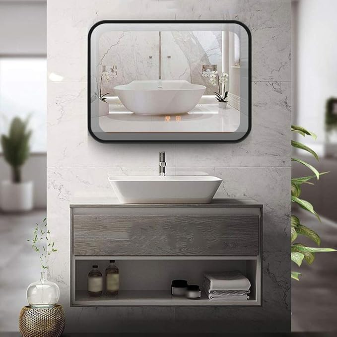 Bathroom Mirror with LED Light and Demister Pad Wall Mounted Mirror Makeup Shaving Mirror Smart Touch Switch (Black 700 * 900mm)