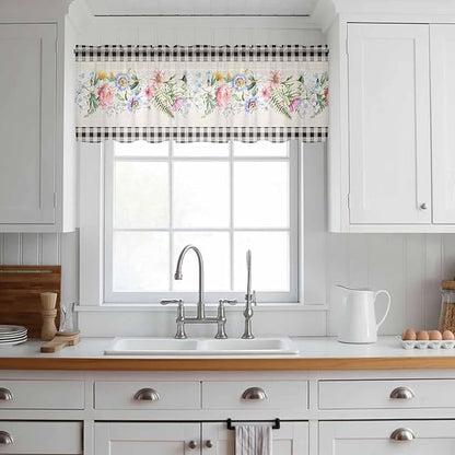 Blue Pink Floral Sheer Valance Curtains, Spring Summer Botanical Linen Black Plaid Light Filtering Kitchen Valances Rod Pocket Voile Curtain Window Treatment for Bedroom/Living Room/Basement 42Wx12L