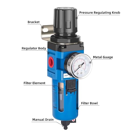NANPU 3/4" NPT Compressed Air Filter Regulator Combo Piggyback, 5 Micron Brass Element, Poly Bowl, Manual Drain, Metal Bracket, 0-150 psi Gauge- AW4000-06M