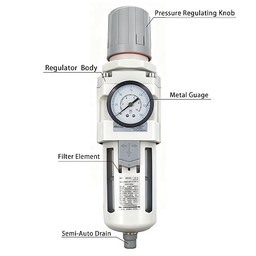 XingNEeng 1/2" NPT Compressed Air Filter Regulator Combo Piggyback, Water/Oil Trap Separator with Pressure Gauge(0-150 psi), Semi-Auto Drain, Poly Bowl, 5 Micron Brass Element, Metal Bracket