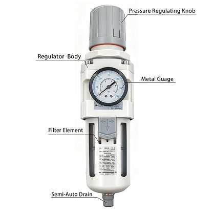 XingNEeng 1/2" NPT Compressed Air Filter Regulator Combo Piggyback, Water/Oil Trap Separator with Pressure Gauge(0-150 psi), Semi-Auto Drain, Poly Bowl, 5 Micron Brass Element, Metal Bracket