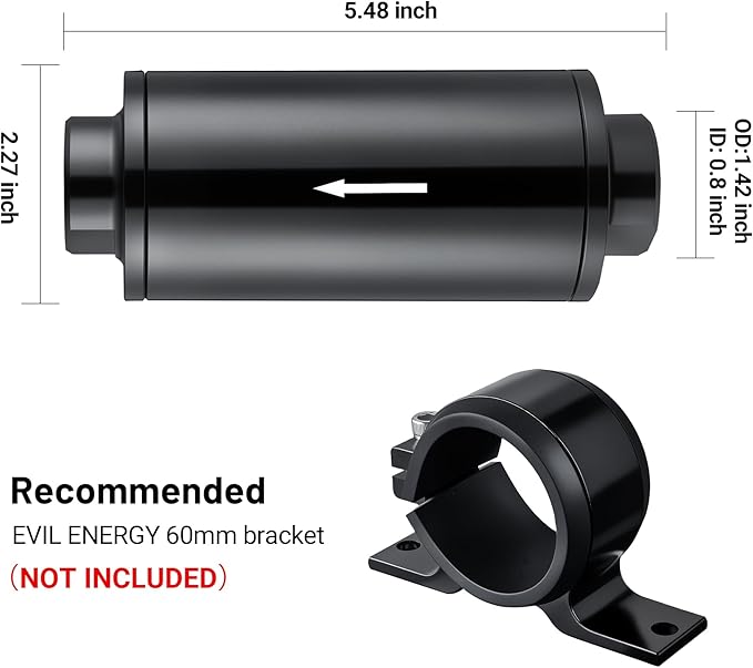 EVIL ENERGY Inline Fuel Filter 40 Micron with Barb 1/2", 3/8", 5/16" Fitting Adapter 60MM Universal Aluminum Black, for Gasoline, Diesel, Rubber Fuel Line, Car EFI & Carb Fuel Systems