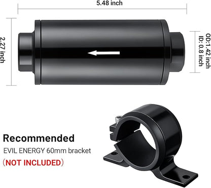 EVIL ENERGY Inline Fuel Filter 40 Micron with Barb 1/2", 3/8", 5/16" Fitting Adapter 60MM Universal Aluminum Black, for Gasoline, Diesel, Rubber Fuel Line, Car EFI & Carb Fuel Systems