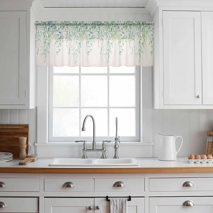 Green Leaf Sheer Valance Curtains, Eucalyptus Leaves Vintage Linen Texture Spring Plant Light Filtering Kitchen Valances Rod Pocket Voile Curtain Treatment for Bedroom/Living Room/Basement 42Wx18L