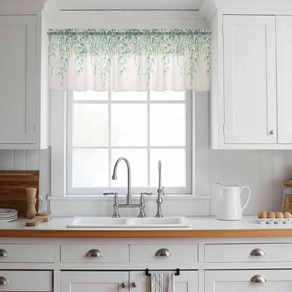 Green Leaf Sheer Valance Curtains, Eucalyptus Leaves Vintage Linen Texture Spring Plant Light Filtering Kitchen Valances Rod Pocket Voile Curtain Treatment for Bedroom/Living Room/Basement 54Wx18L