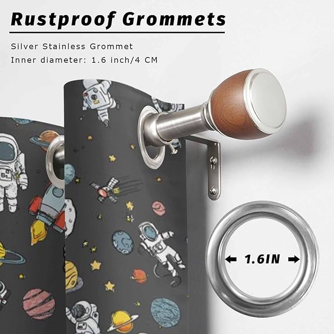 Cartoon Space Outdoor Curtains for Patio Rockets Planets Astronauts Gray Waterproof Outside Curtains with Grommet Top Weatherproof Curtain for Cabana Pergola Gazebo, 2 Pack, 54" W x 108" L