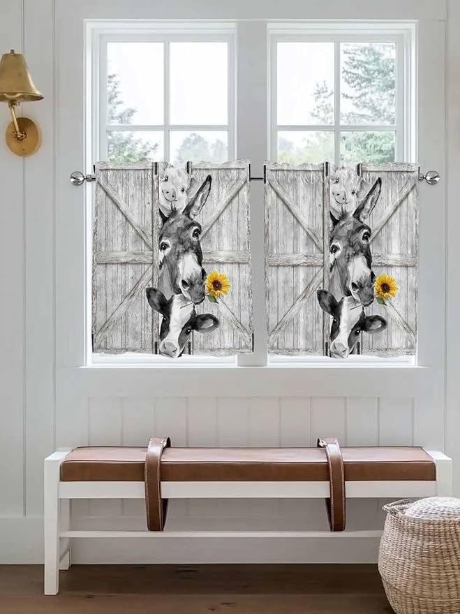 Grey Farmhouse Half Window Curtains 24 Inches Long, Vintage Sunflowers Animals Printed Window Treatment Curtain Drapes, Short Curtains Tiers for Kitchen Over Sink, 27.5"x24", 2 Panels