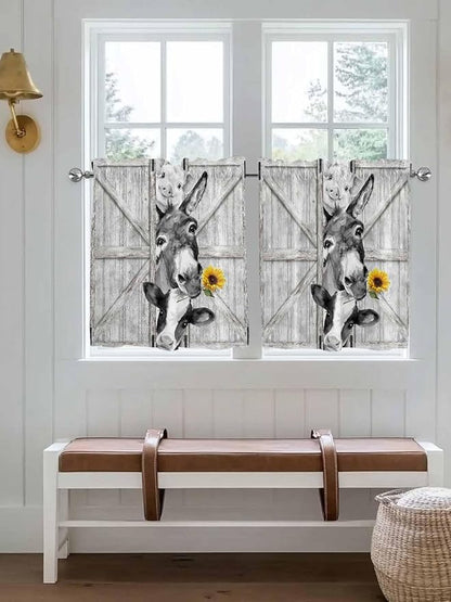 Grey Farmhouse Half Window Curtains 24 Inches Long, Vintage Sunflowers Animals Printed Window Treatment Curtain Drapes, Short Curtains Tiers for Kitchen Over Sink, 27.5"x24", 2 Panels
